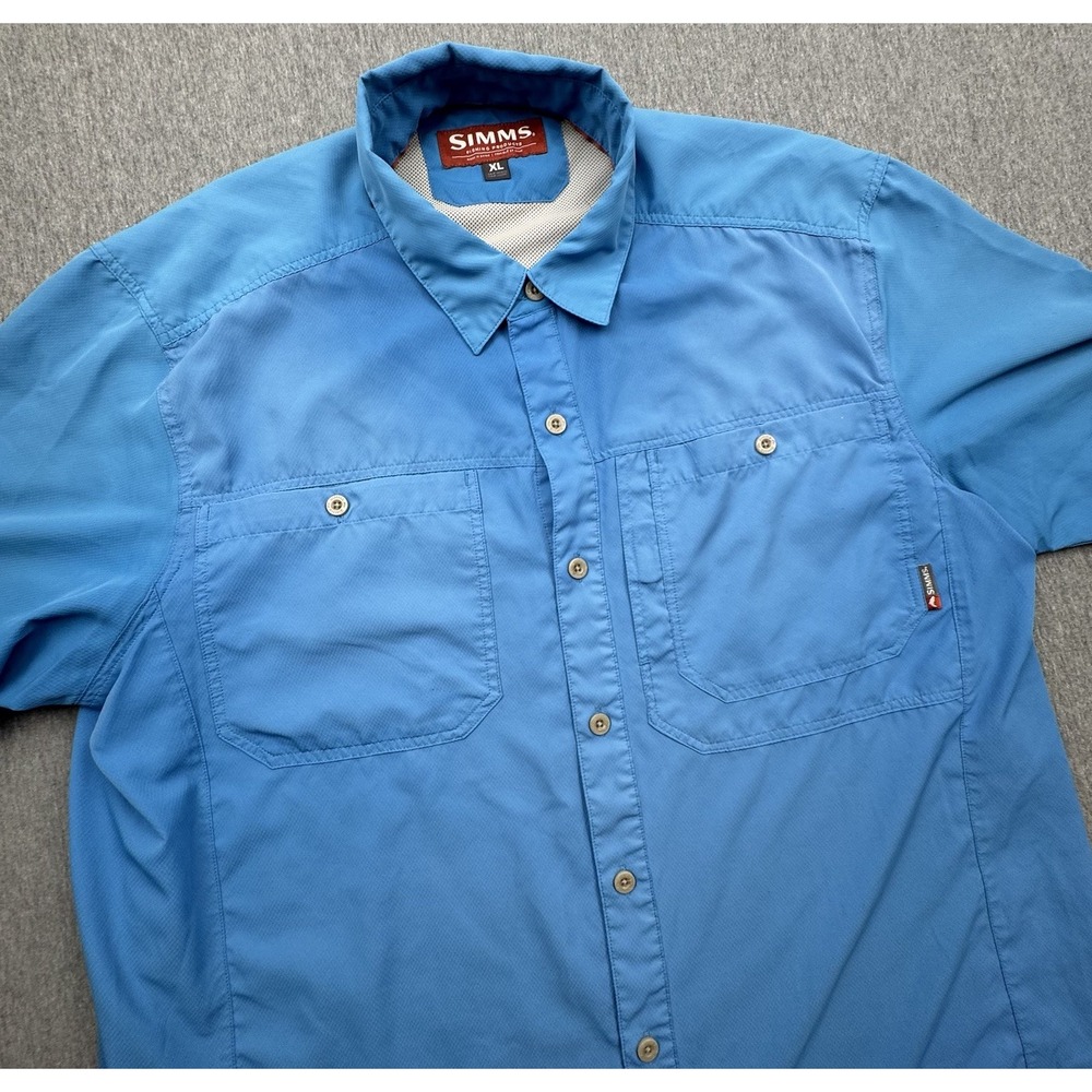 SIMMS Fishing Shirt Mens XL Blue Short Sleeve Vented Lightweight Outdoor Boating